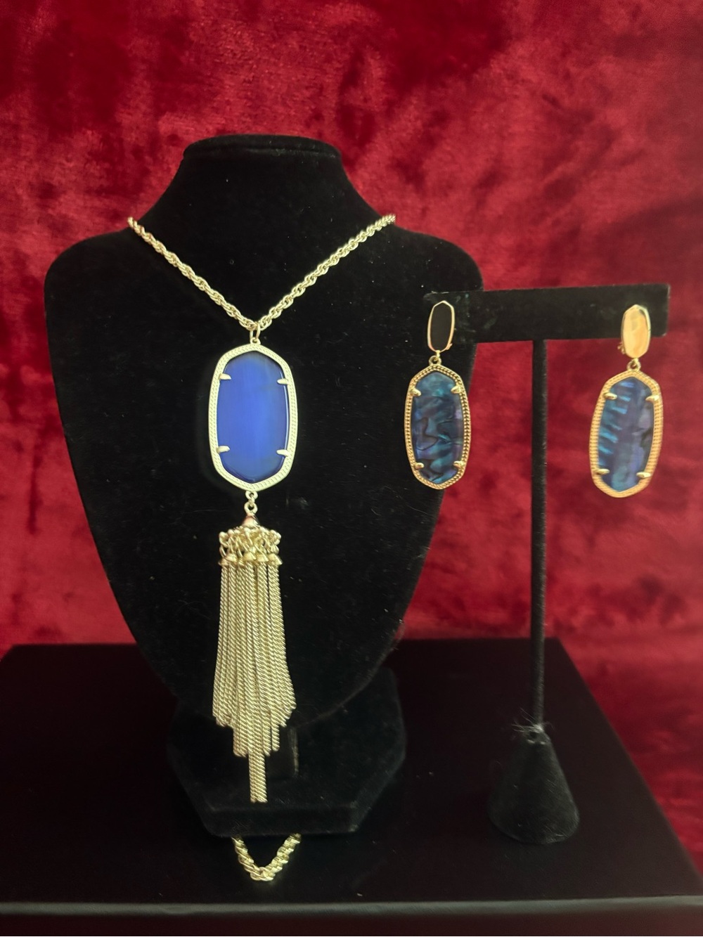 Kendra Scott Gold-Tone Necklace and Earring Set with Royal Blue Stones clip on